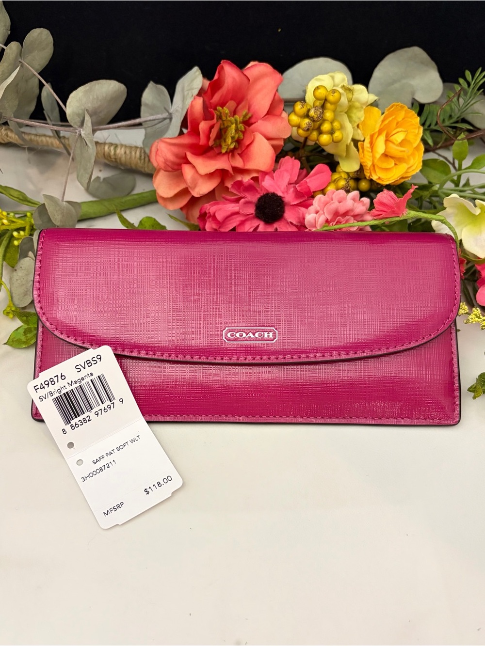 Coach Darcy Bright Magenta Crossgrain Patent Leather Envelope Wallet NWT